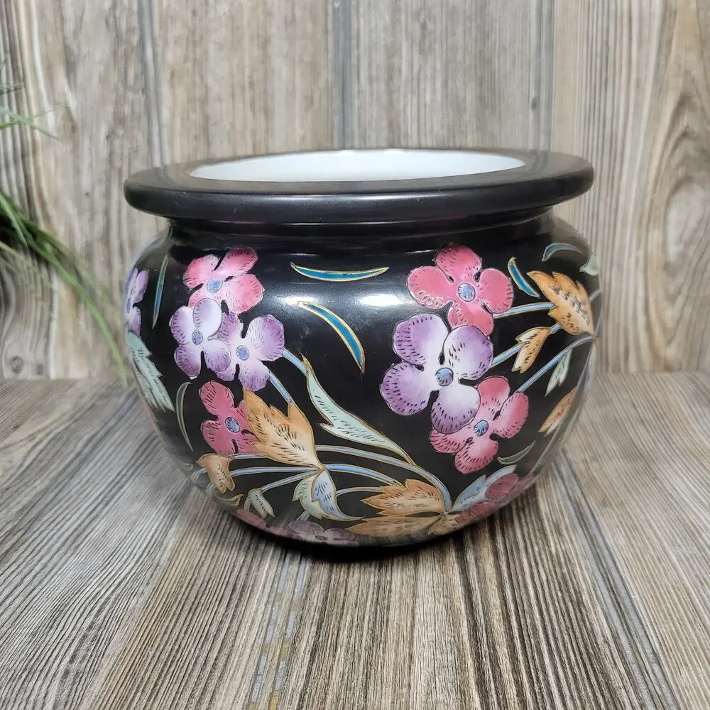 Vintage Hand Painted Floral Black Planter, Oklahoma Importing Co - Picture 4 of 7